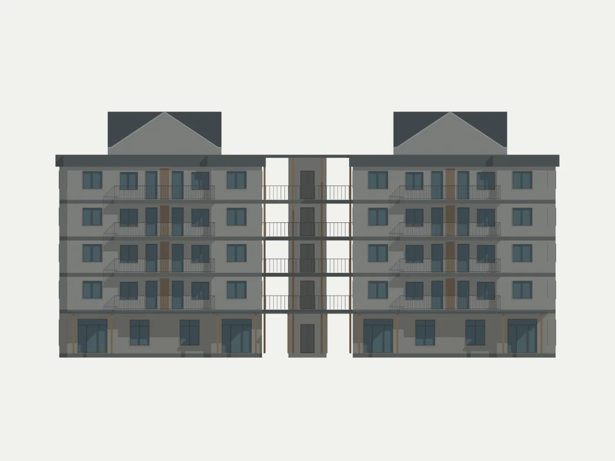 Harrow 2 front elevation, showing five stories, two wings, balconies and joined gable roofs